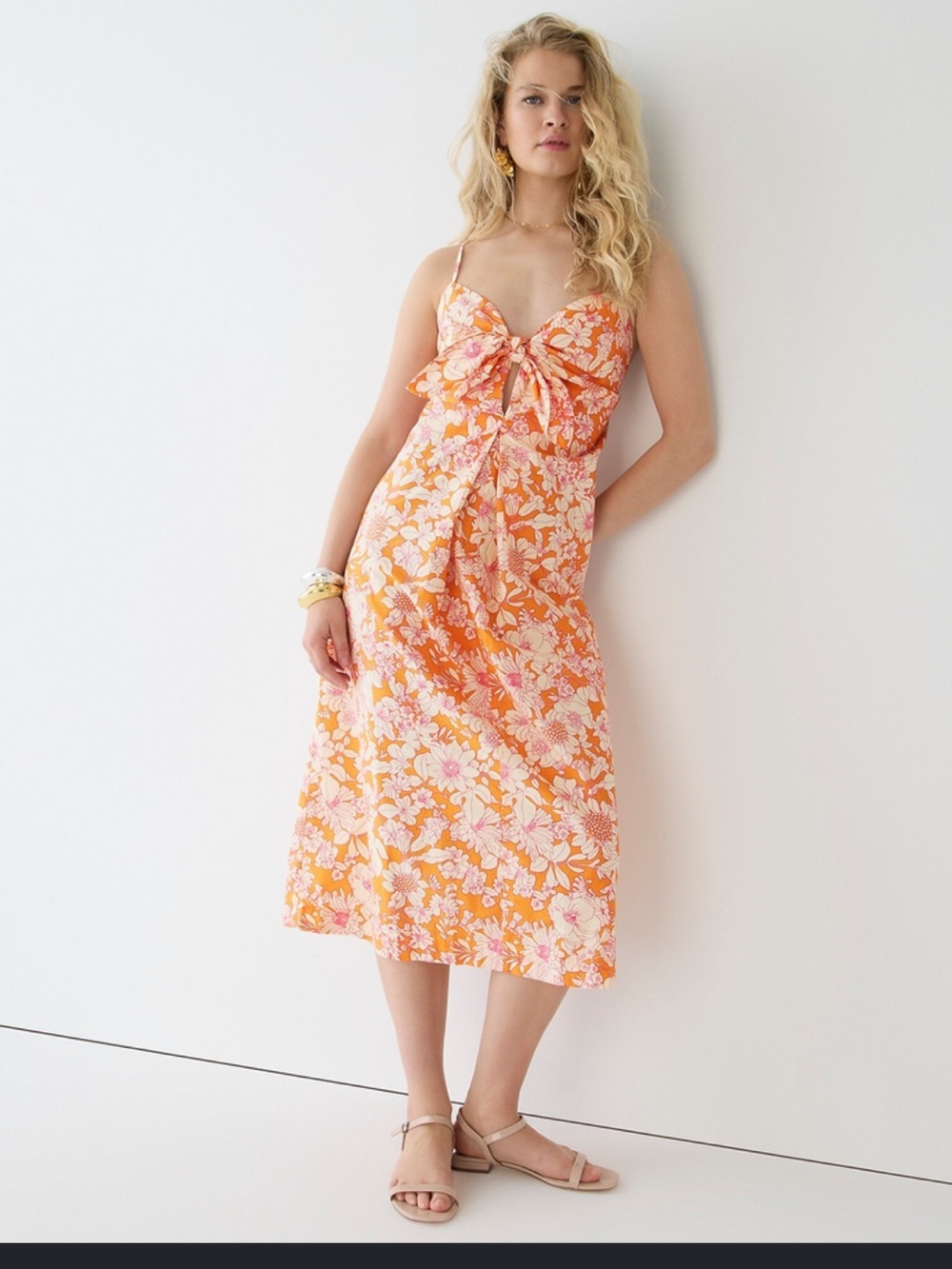 NWT J. Crew Tie-front cotton poplin midi dress in orange floral XL